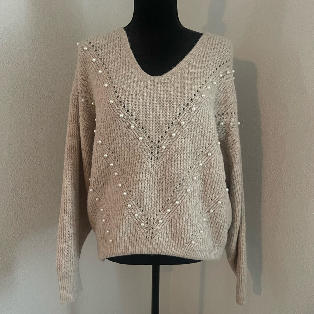 SHEIN Beige V-Neck Sweater with Pearl Details